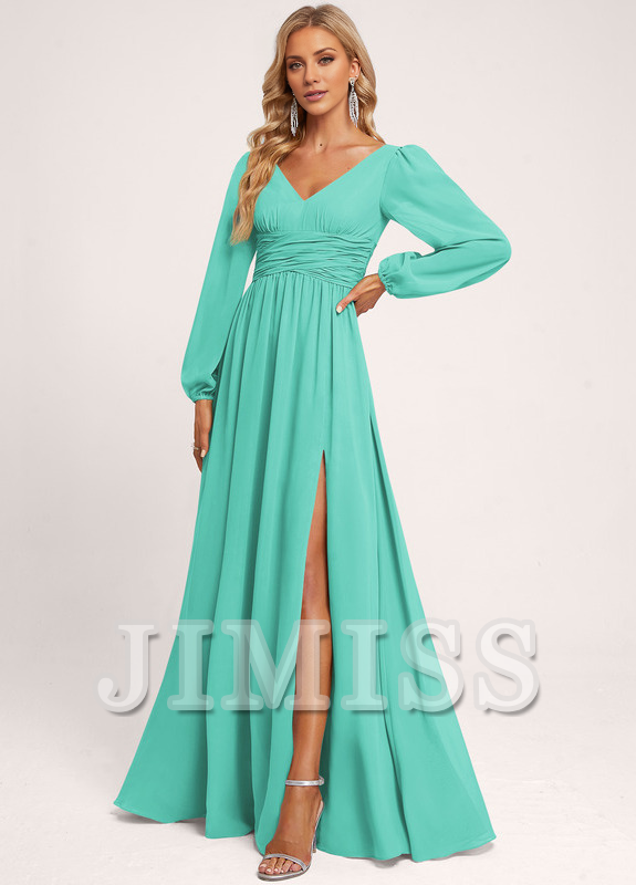 Ruffled A-line V-neck Floor-length Chiffon Bridesmaids Dress