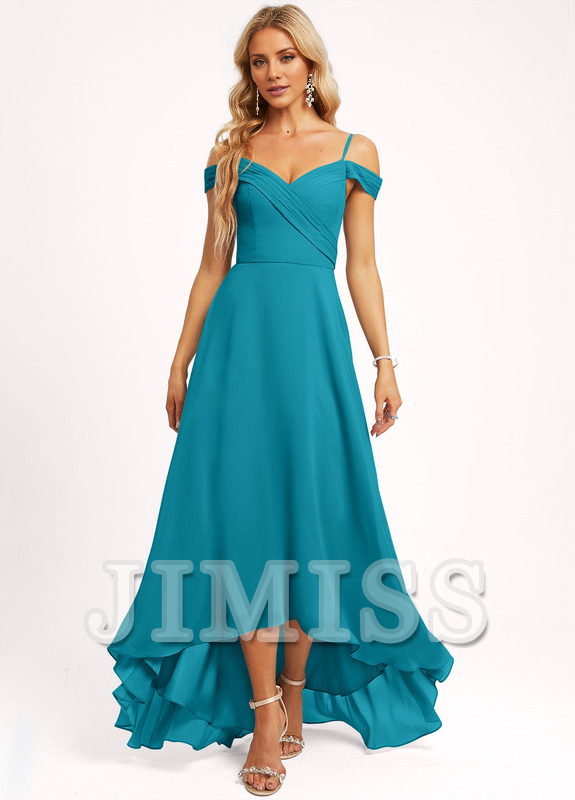 A-line off-shoulder asymmetric chiffon bridesmaid dress
