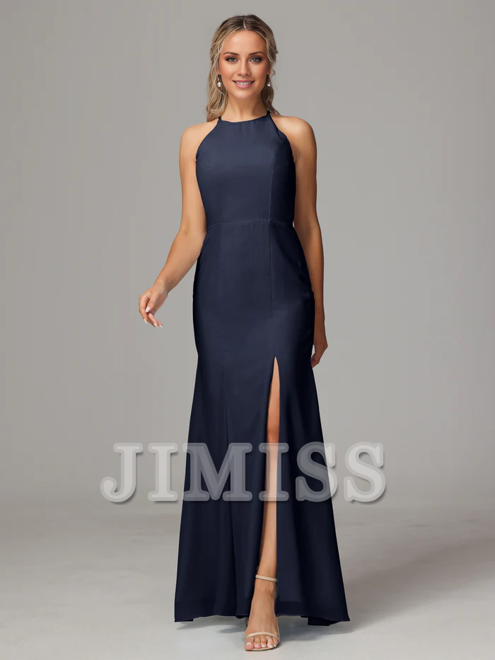 Hanging neck backless chiffon side slit bridesmaid dress