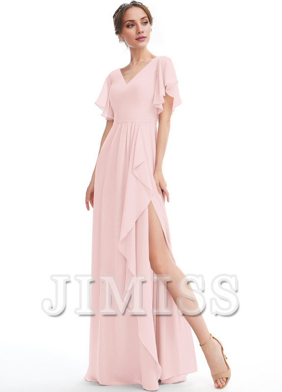 Ruffled A-line V-neck Floor-length Chiffon Bridesmaids Dress
