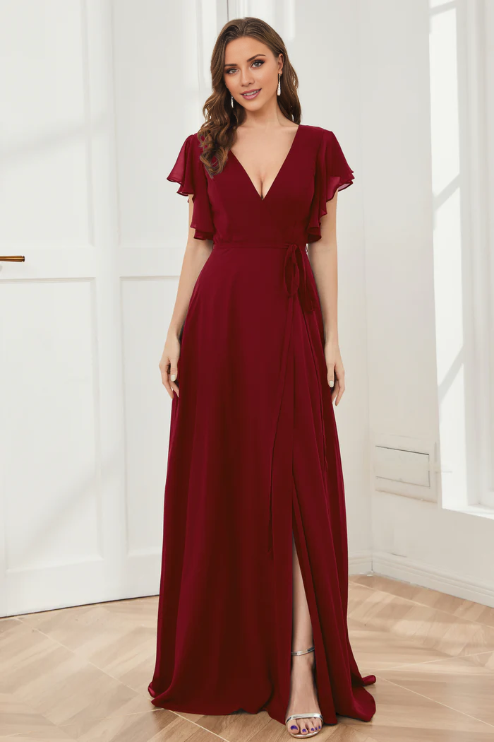 V-neck ruffled sleeve chiffon slit and floor length bridesmaid dress