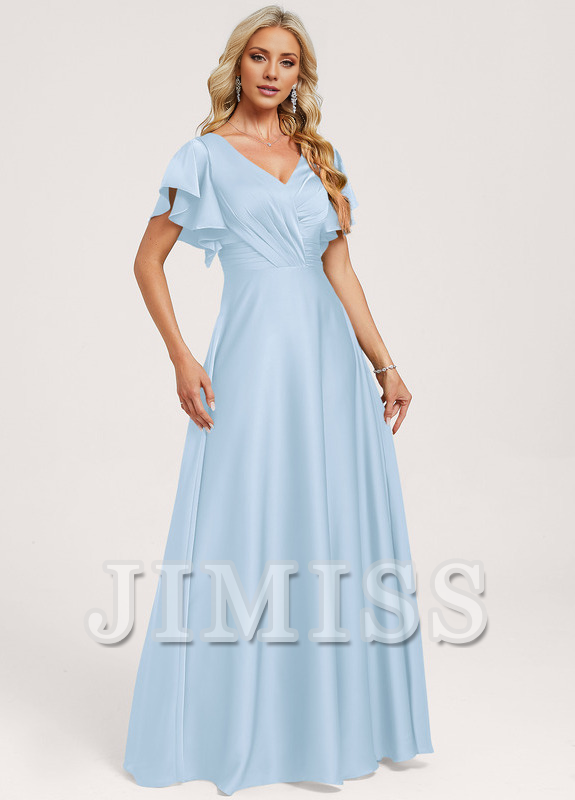 Ruffled A-line V-neck Floor-length Satin Bridesmaids Dress