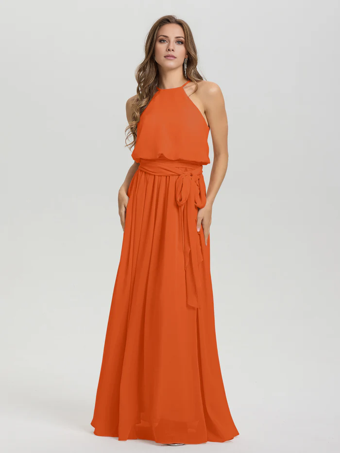 Hanging neck low round neck sleeveless chiffon and floor length Bridesmaid dresses