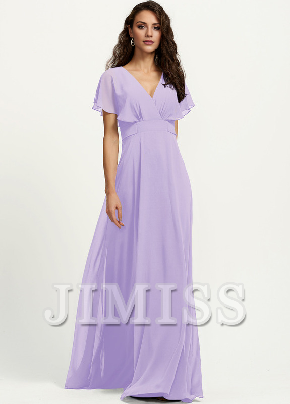 A-line V-neck floor-length chiffon bridesmaid dress