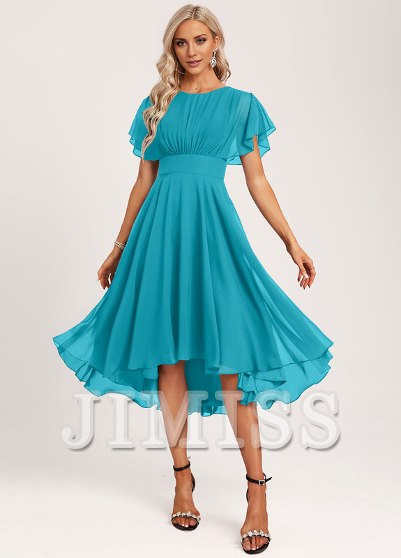 Ruffled A-line Spoon Asymmetric Chiffon Bridesmaids Dress