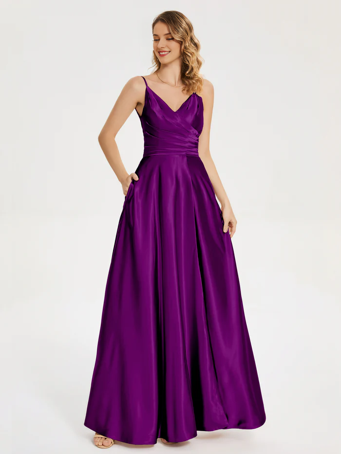 V-neck soft satin side slit bridesmaid dress