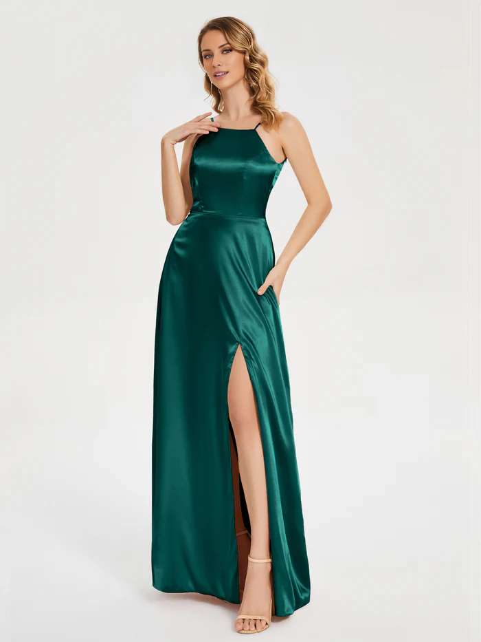 Thin shoulder strap slit backless soft satin and floor length bridesmaid dress