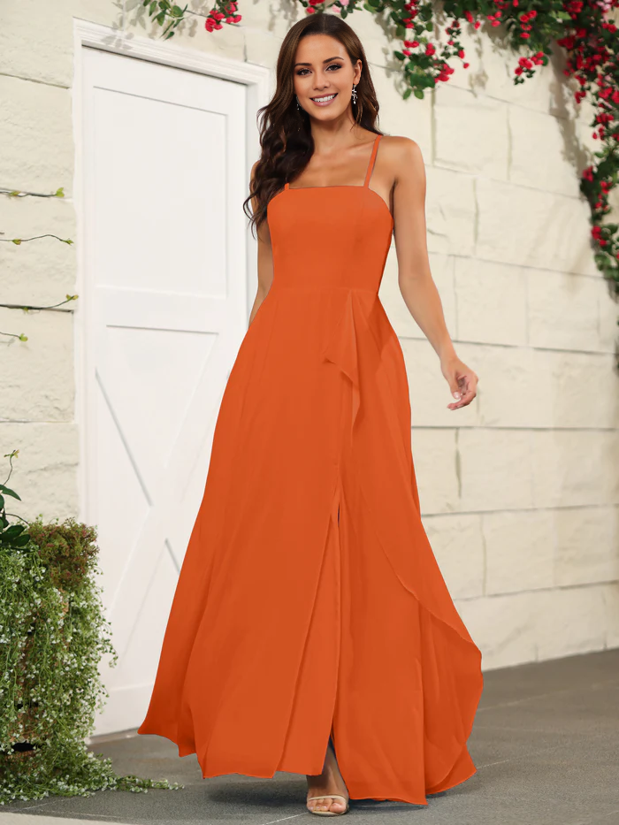 Beautiful chiffon thin shoulder strap and floor length bridesmaid dress