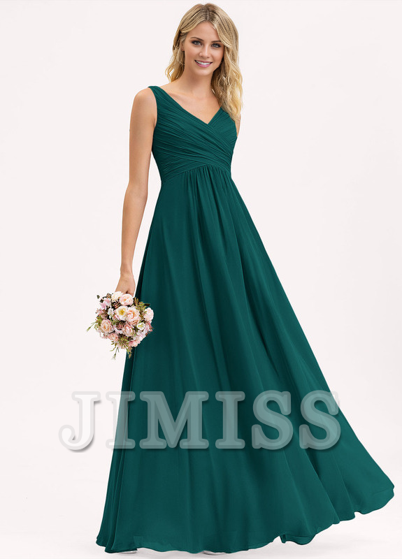 A-line V-neck floor-length chiffon pleated bridesmaid dress