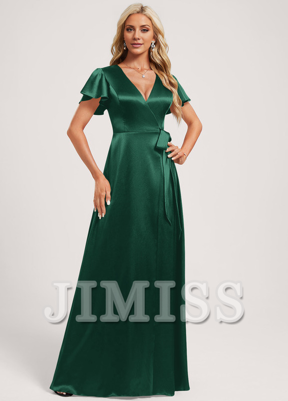 A-Line V-Neck Floor-Length Stretch Satin Bridesmaids Dress