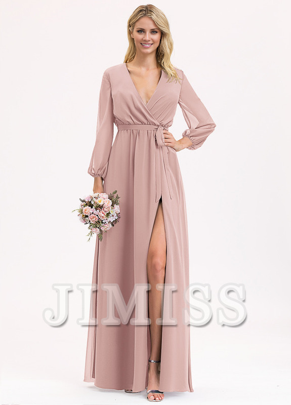 A-Line V-Neck Floor Length Chiffon Bow Pleated Bridesmaids Dress