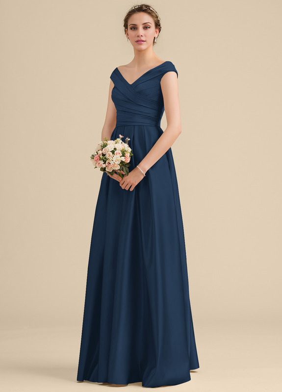 Ruffled A-Line Off-The-Shoulder Floor-Length Satin Bridesmaids Dress