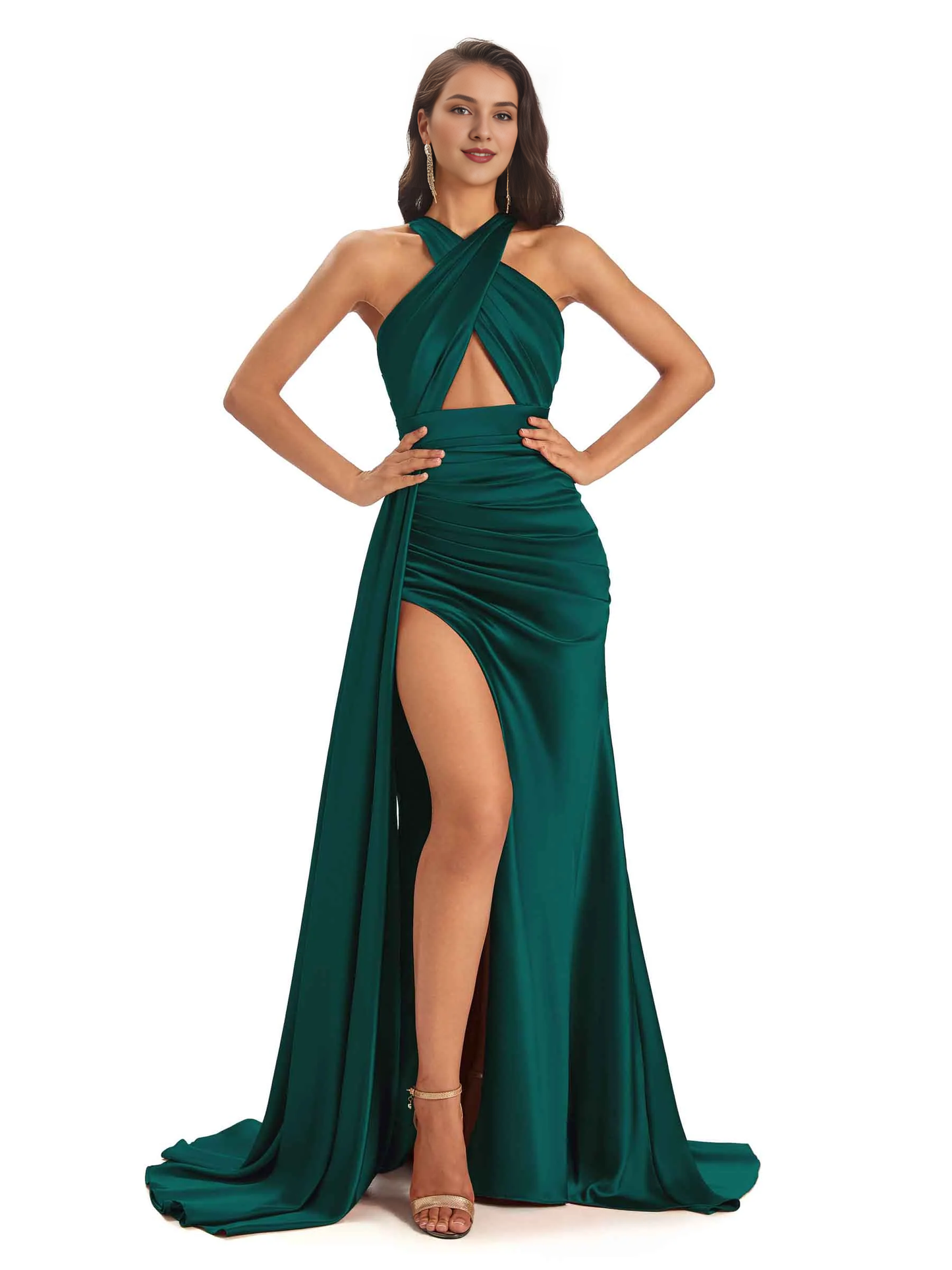 Sexy and soft satin hanging neck side slit and floor length fish tail bridesmaid dress