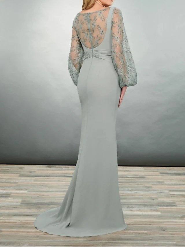 Sheath / Column Mother of the Bride Dress Elegant V Neck Floor Length Polyester Long Sleeve with Appliques Ruching - RongMoon