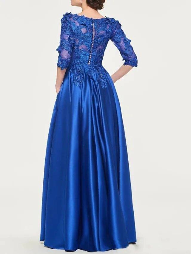 A-Line Mother of the Bride Dress Elegant V Neck Floor Length Lace Satin 3/4 Length Sleeve with Pleats Appliques - RongMoon