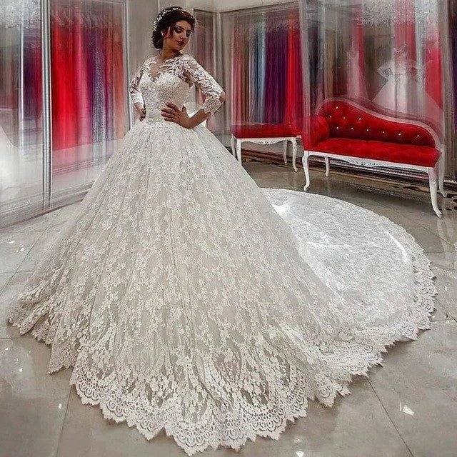 Modest 3/4 Sleeves Ball Gowns Lace Wedding Dresses - RongMoon
