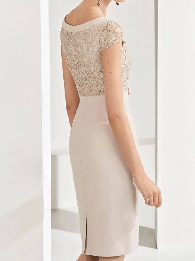 Two Piece Sheath / Column Mother of the Bride Dress Elegant V Neck Knee Length Lace Satin 3/4 Length Sleeve with Sash / Ribbon Bow(s) - RongMoon