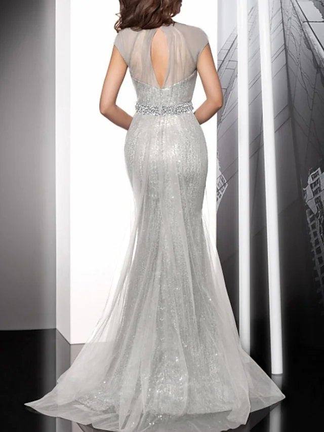 Mermaid / Trumpet Beautiful Back Sparkle Engagement Formal Evening Dress Jewel Neck Short Sleeve Sweep / Brush Train Tulle with Sash / Ribbon Sequin - RongMoon