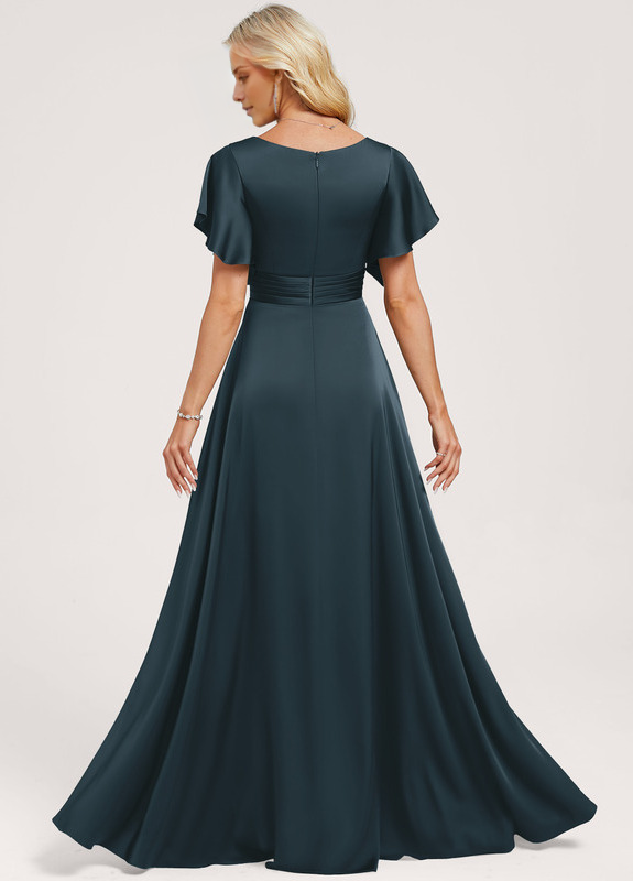 Ruffled A-line V-neck Floor-length Satin Bridesmaids Dress