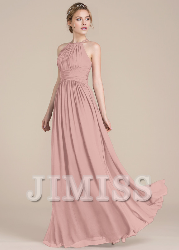 Lotus leaf A-line low round neck chiffon bridesmaid dress