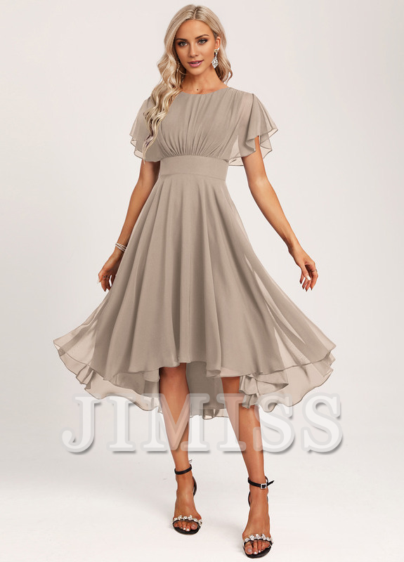 Ruffled A-line Spoon Asymmetric Chiffon Bridesmaids Dress