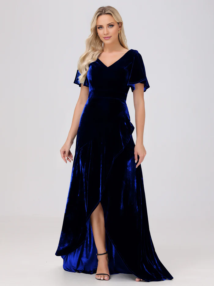 V-neck short sleeved ruffled velvet and floor length bridesmaid dress