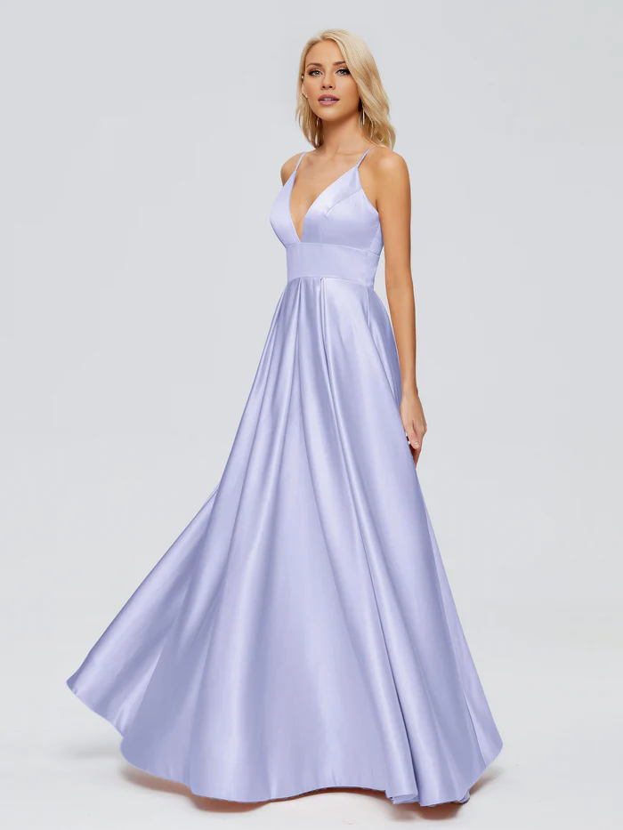 V-neck thin shoulder strap satin and floor length bridesmaid dress