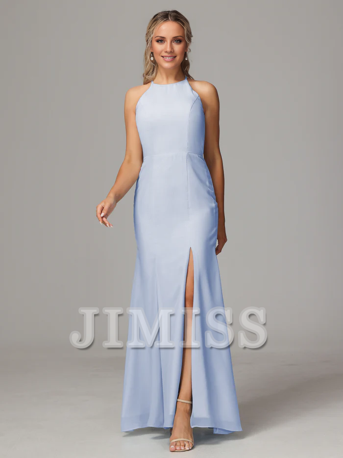 Hanging neck backless chiffon side slit bridesmaid dress
