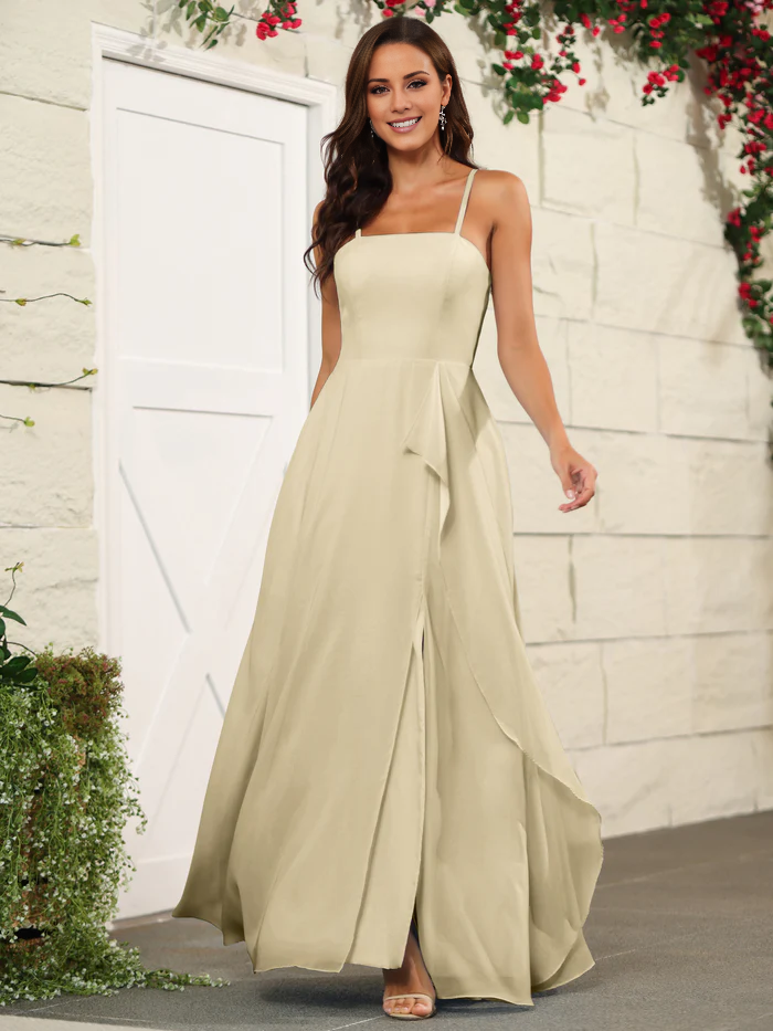 Beautiful chiffon thin shoulder strap and floor length bridesmaid dress