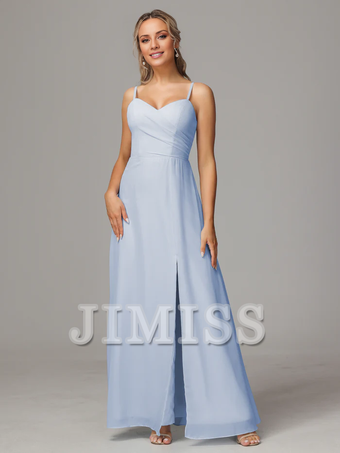Thin shoulder strap sweetheart chiffon side slit bridesmaid dress