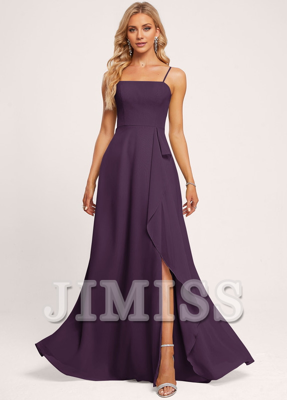 Ruffled A-Line Square Floor-Length Chiffon Bridesmaids Dress