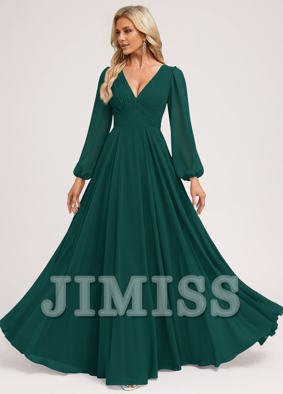 A-line V-neck floor-length chiffon bridesmaid dress