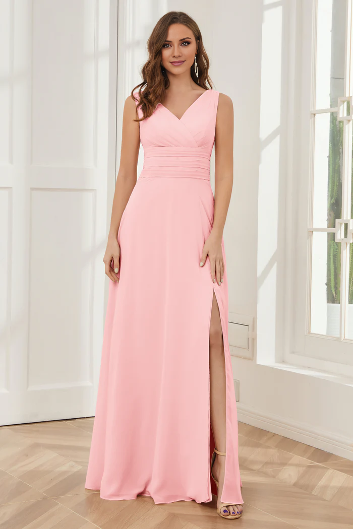 V-neck sleeveless chiffon side slit and floor length bridesmaid dress