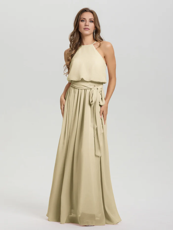 Hanging neck low round neck sleeveless chiffon and floor length Bridesmaid dresses