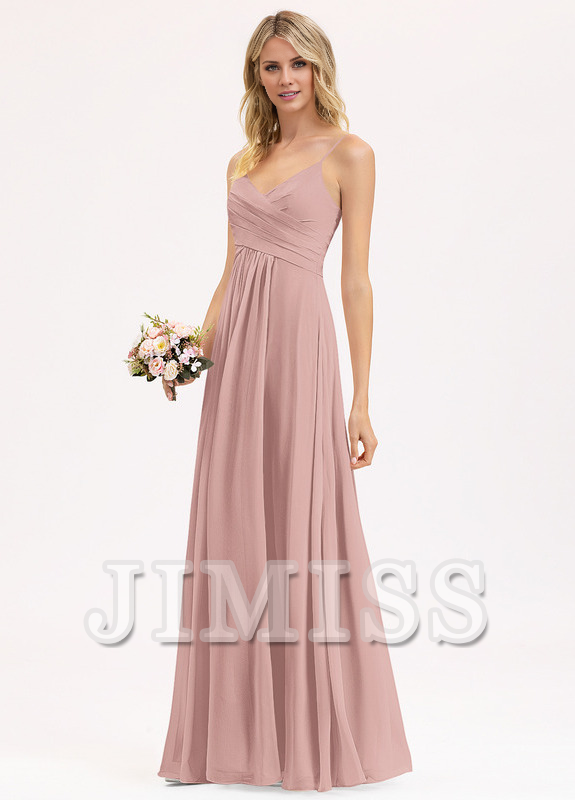 A-line V-neck floor-length chiffon pleated bridesmaid dress