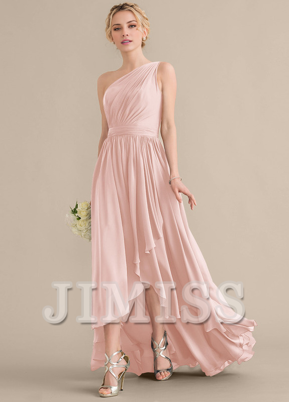 Tiered Ruffle A-Line One Shoulder Asymmetric Chiffon Bridesmaids Gown