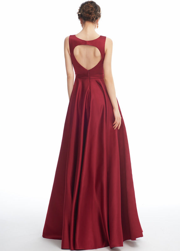 A-line Scoop Neck Floor Length Satin Bridesmaids Dress
