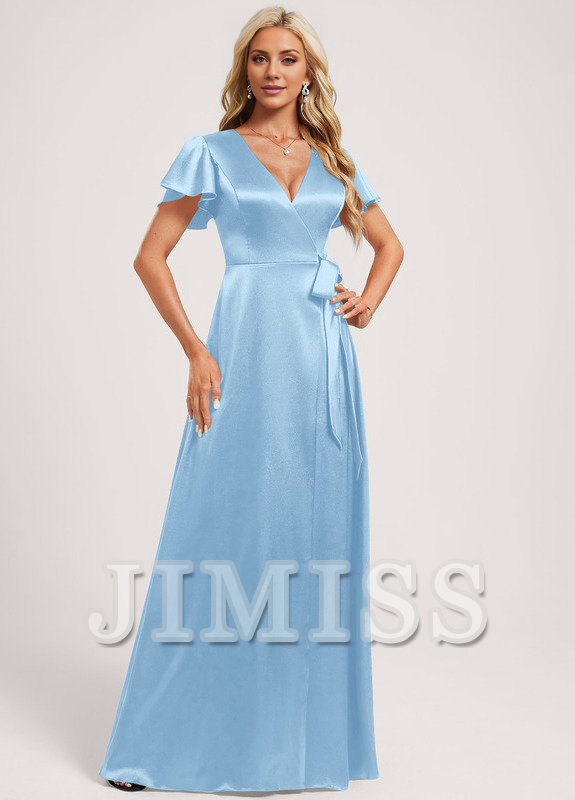 A-Line V-Neck Floor-Length Stretch Satin Bridesmaids Dress
