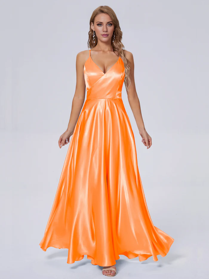 Elegant shoulder strap soft satin and floor length bridesmaid dress