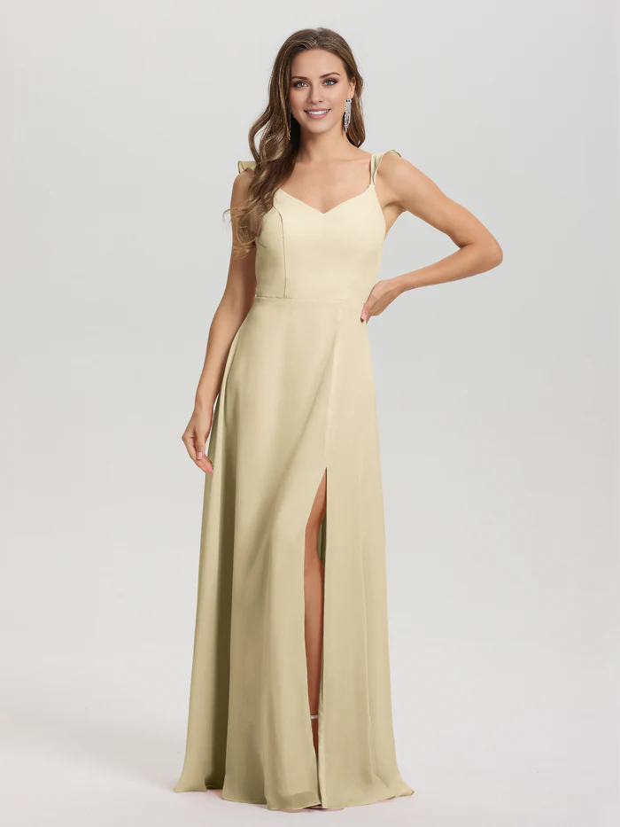 V-neck shoulder strap tied chiffon slit and floor length bridesmaid dress