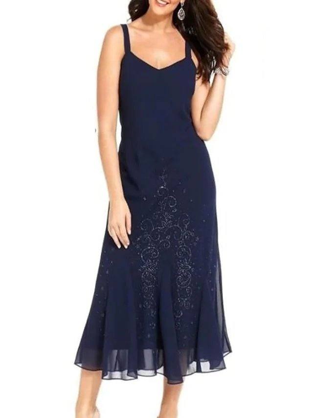 Sheath / Column Mother of the Bride Dress Sexy Bateau Neck Ankle Length Chiffon Long Sleeve with Lace - RongMoon