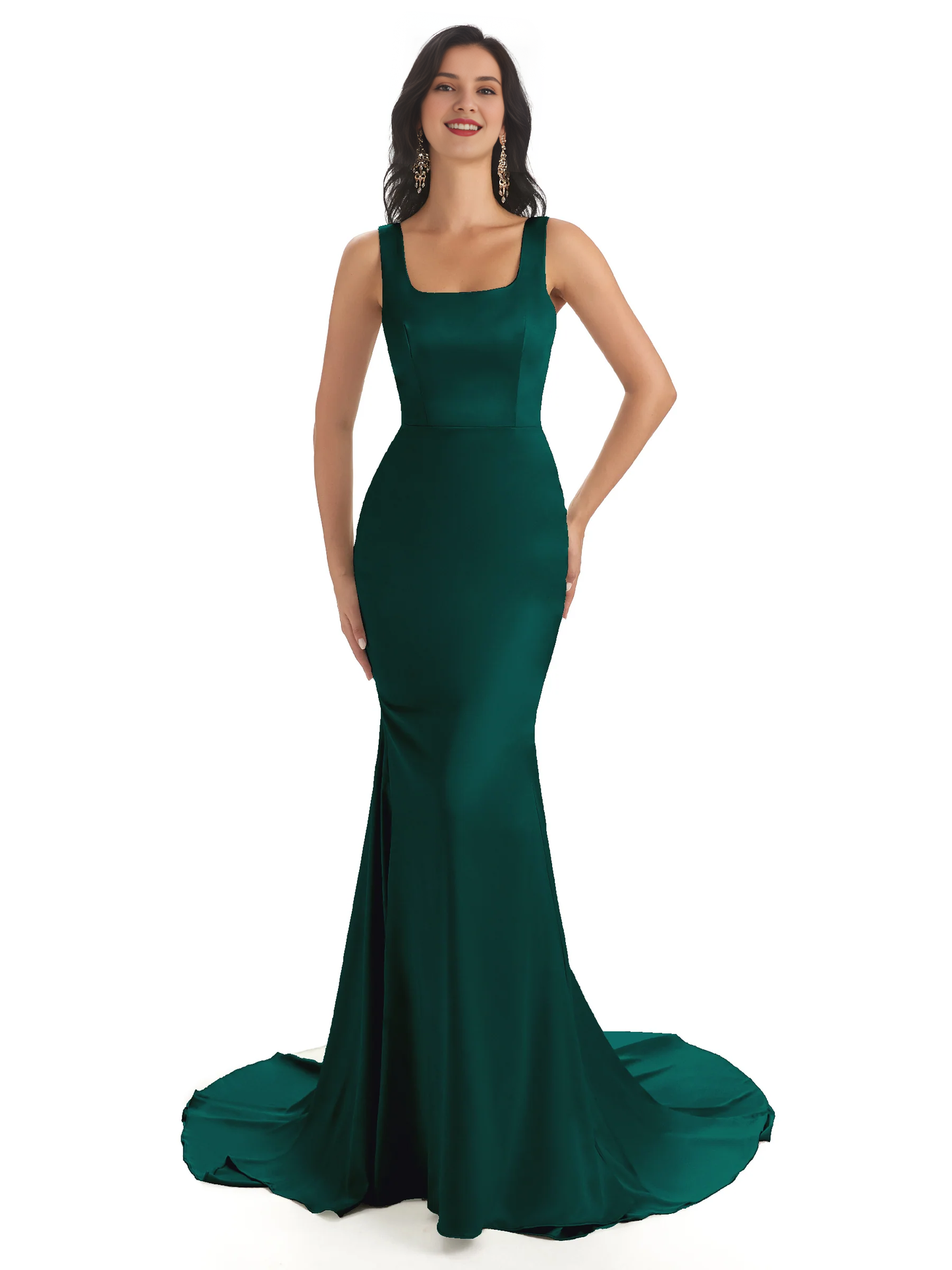 Soft satin unique square neck extra long fish tail bridesmaid dress