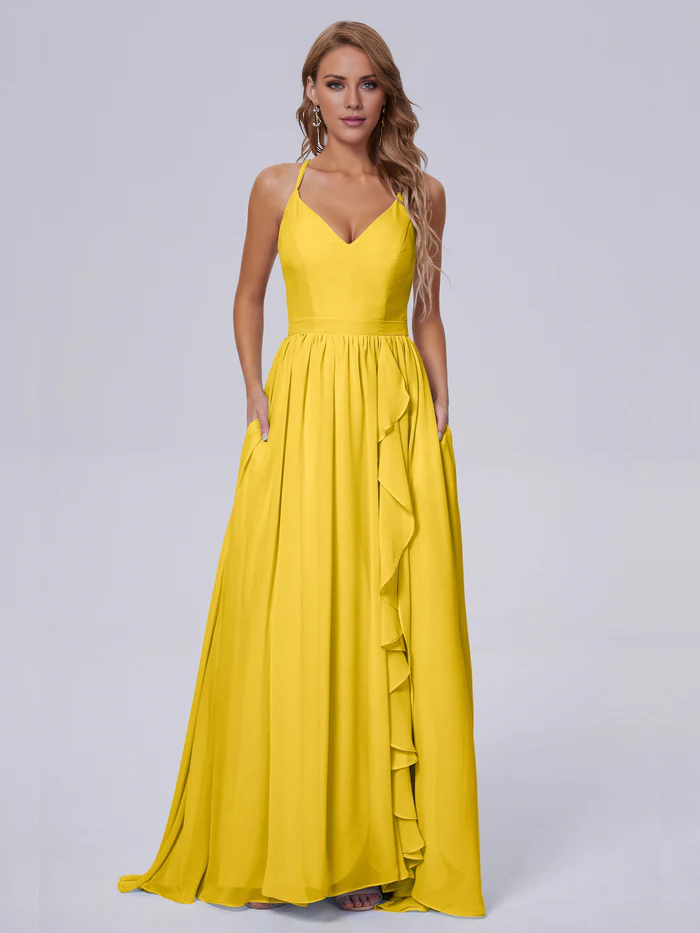 Elegant shoulder strap chiffon and floor length bridesmaid dress