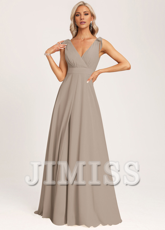 A-line V-neck floor-length chiffon bow bridesmaid dress