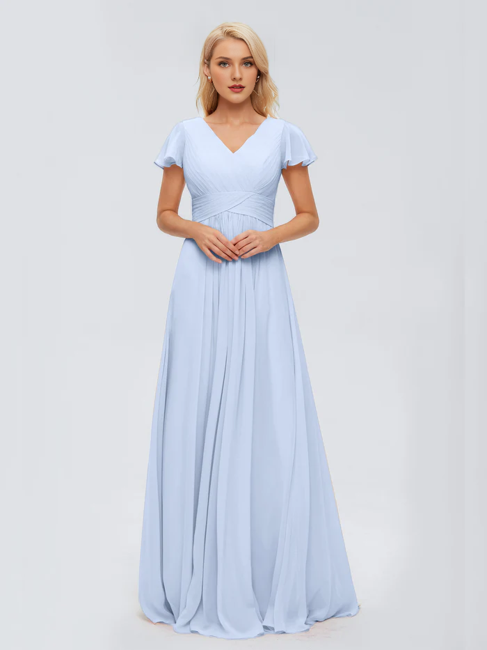 A-line V-neck chiffon and floor length bridesmaid dress