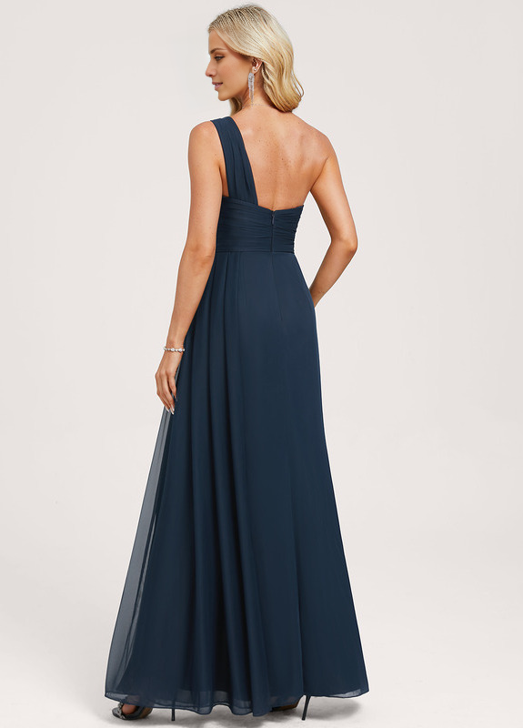 Ruffled A-line One Shoulder Floor Length Mesh Bridesmaid Dress