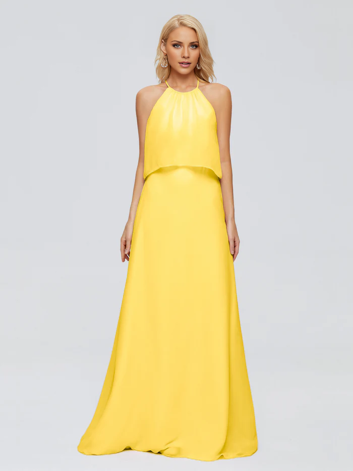 Post neck chiffon and floor length bridesmaid dress