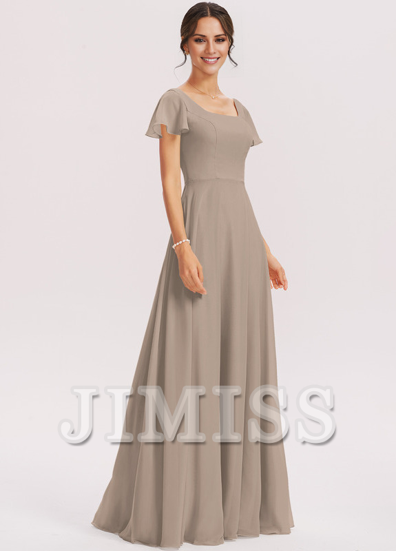 Tiered Ruffle A-Line Square Floor-Length Chiffon Bridesmaids Dress
