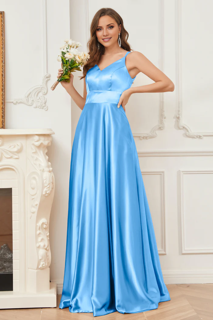 Thin shoulder strap V-neck soft satin and floor length bridesmaid dress