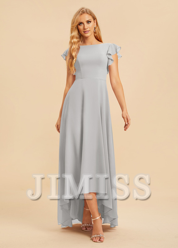 Ruffled A-line Scoop Asymmetric Chiffon Bridesmaids Dress